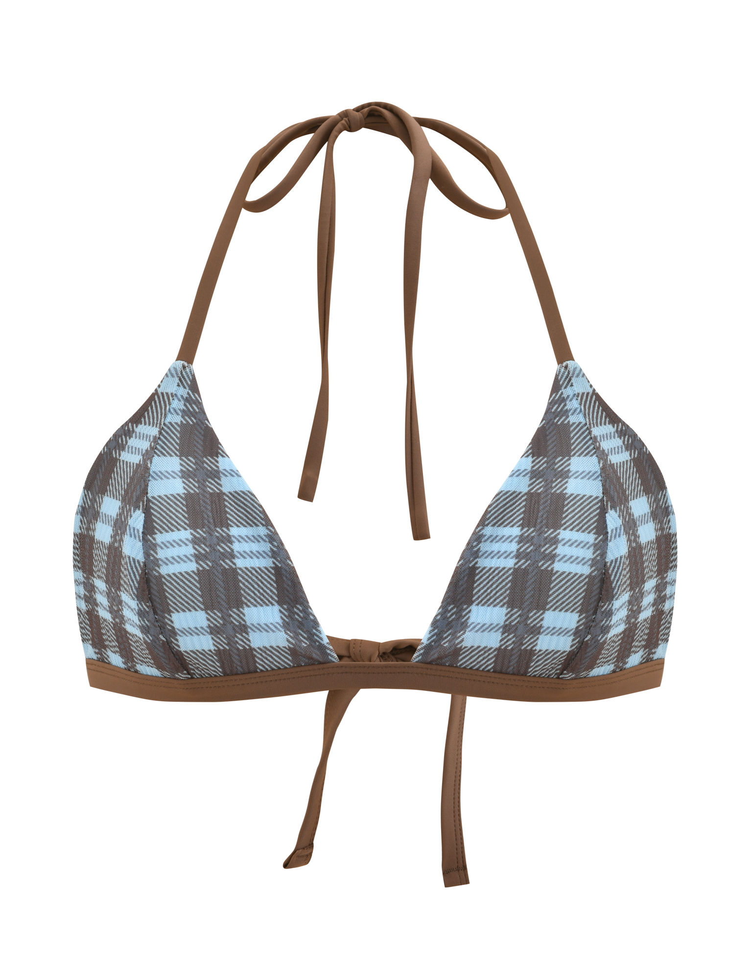 The TIGERMIST CITRINE BIKINI TOP - BLUE CHECK is a plaid halter bikini with blue, brown, and white checks, featuring brown contrast straps. Adjustable ties at neck and back. Photographed on a plain white background.