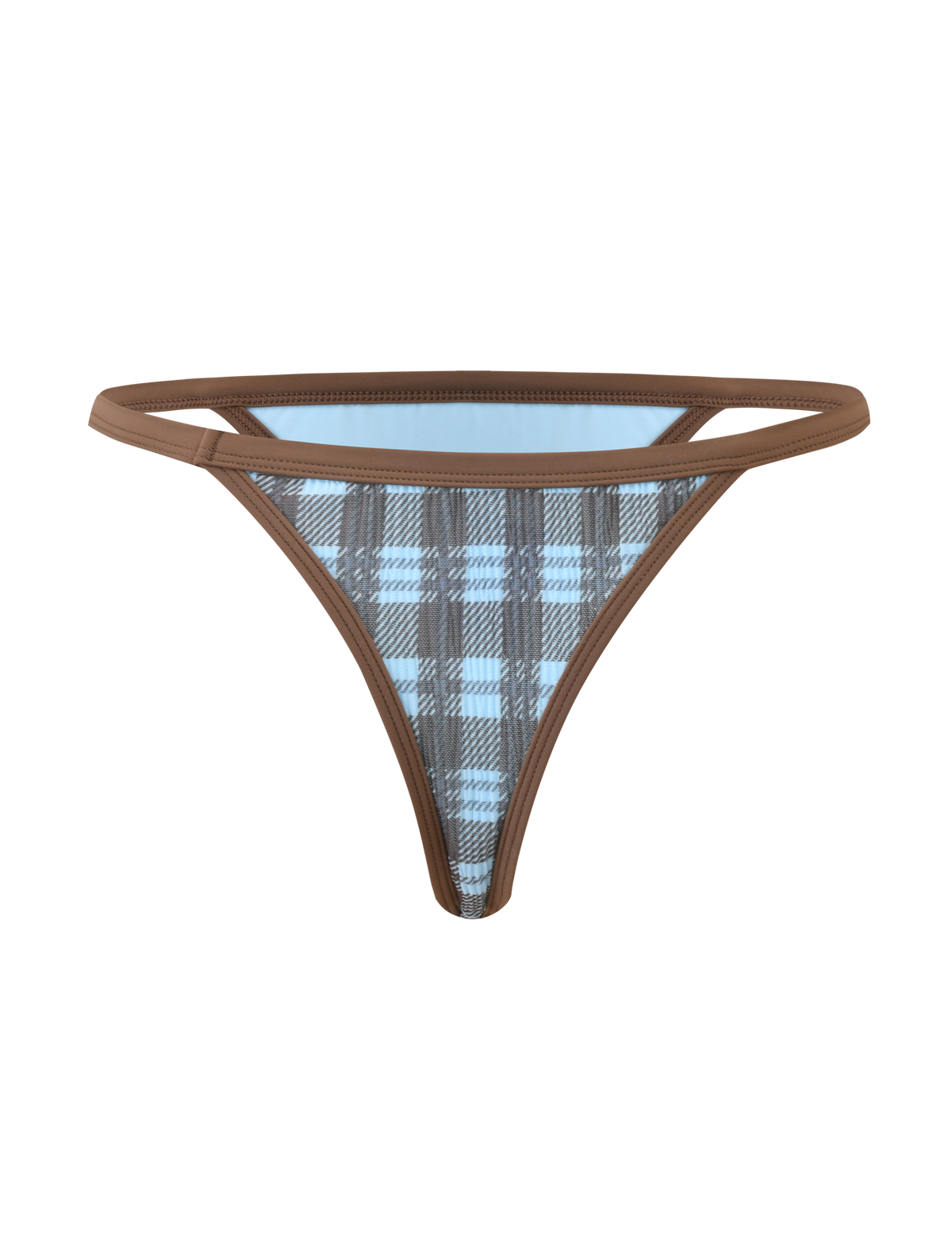 The CITRINE BIKINI BOTTOM - BLUE CHECK by TIGERMIST is a blue and brown plaid cheeky bikini bottom with brown trim and thin side straps, shown on a plain white background.