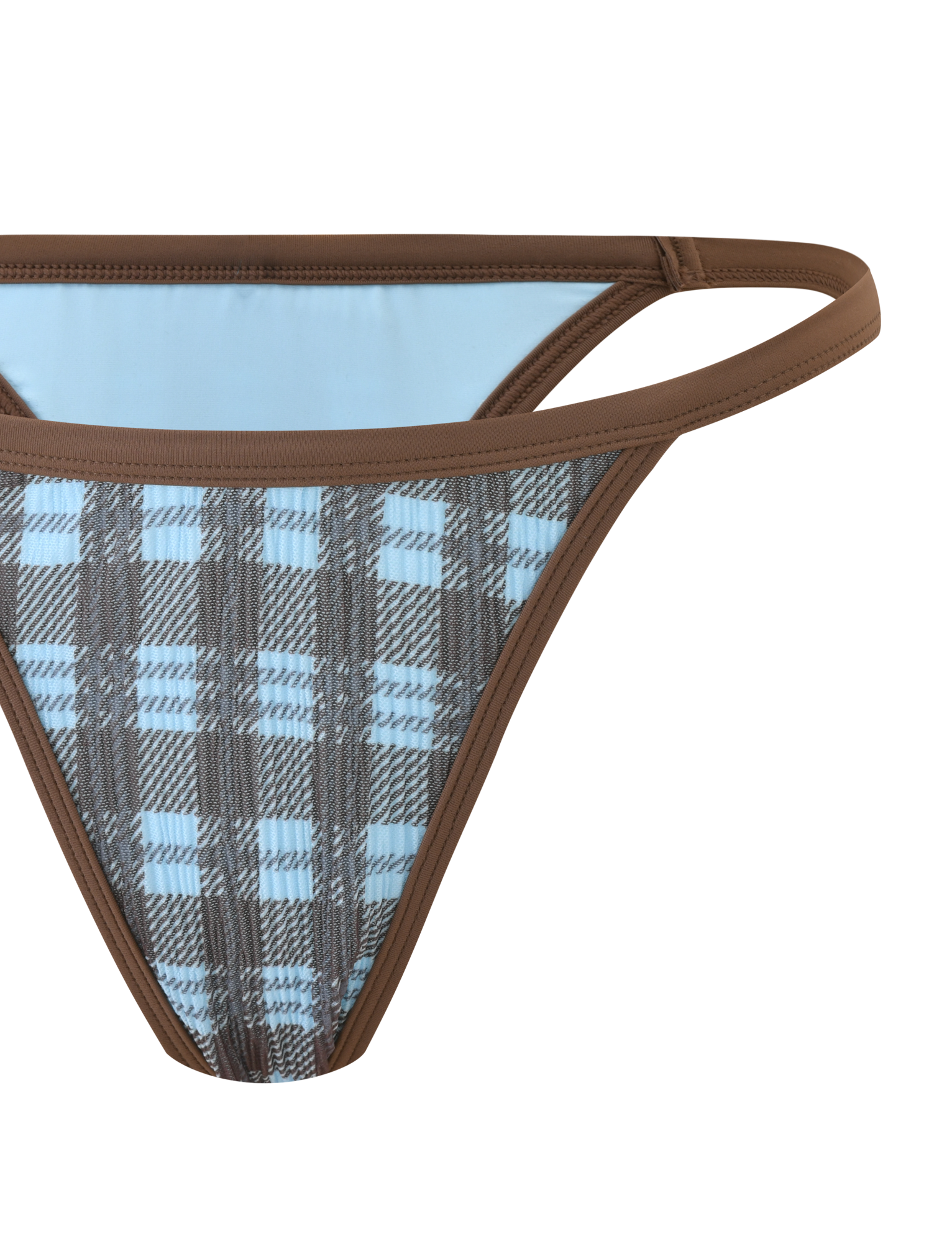 Close-up of the TIGERMIST CITRINE BIKINI BOTTOM - BLUE CHECK, featuring a low-rise cut with a brown waistband and side straps, and a blue and gray plaid pattern displayed on a plain white background.