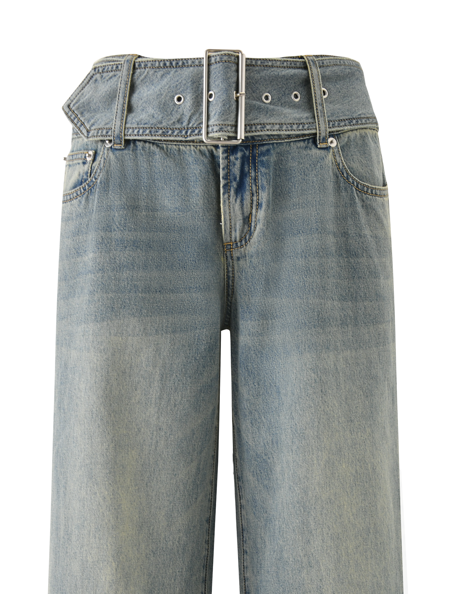 The TIGERMIST REEF JEAN - LIGHTWASH features a vintage wash, high-waisted boyfriend fit, matching denim belt with silver loops, front pockets, and prominent seams. Shown in light blue against a plain white background.