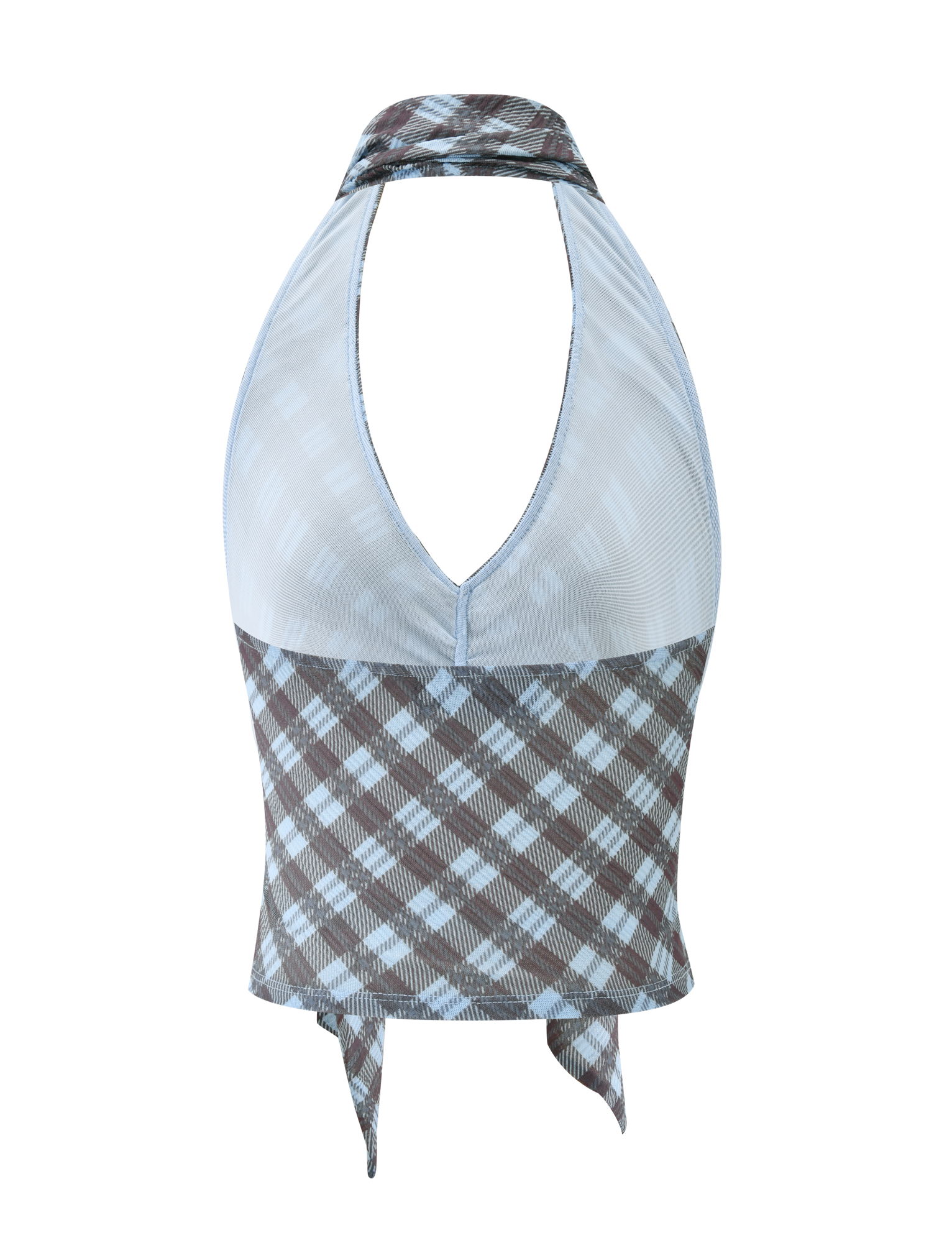 The NOBLE TOP - BLUE CHECK by TIGERMIST is a sleeveless halter top with a deep plunge neckline, brown and blue check pattern, tie-back design, and mesh-textured upper for added style.