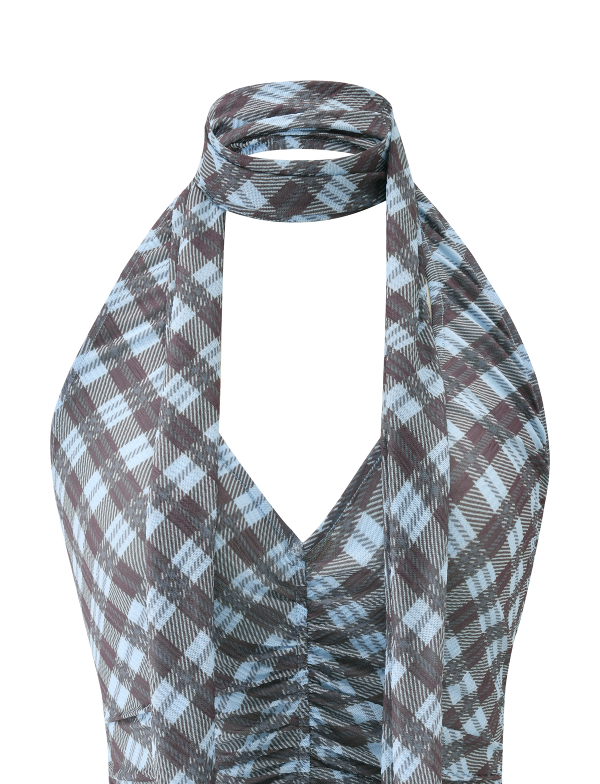 A close-up of the TIGERMIST NOBLE TOP - BLUE CHECK shows its sleeveless, halter neck design with blue checks and a gathered center. Halter straps wrap around the neck for a modern, stylish look.