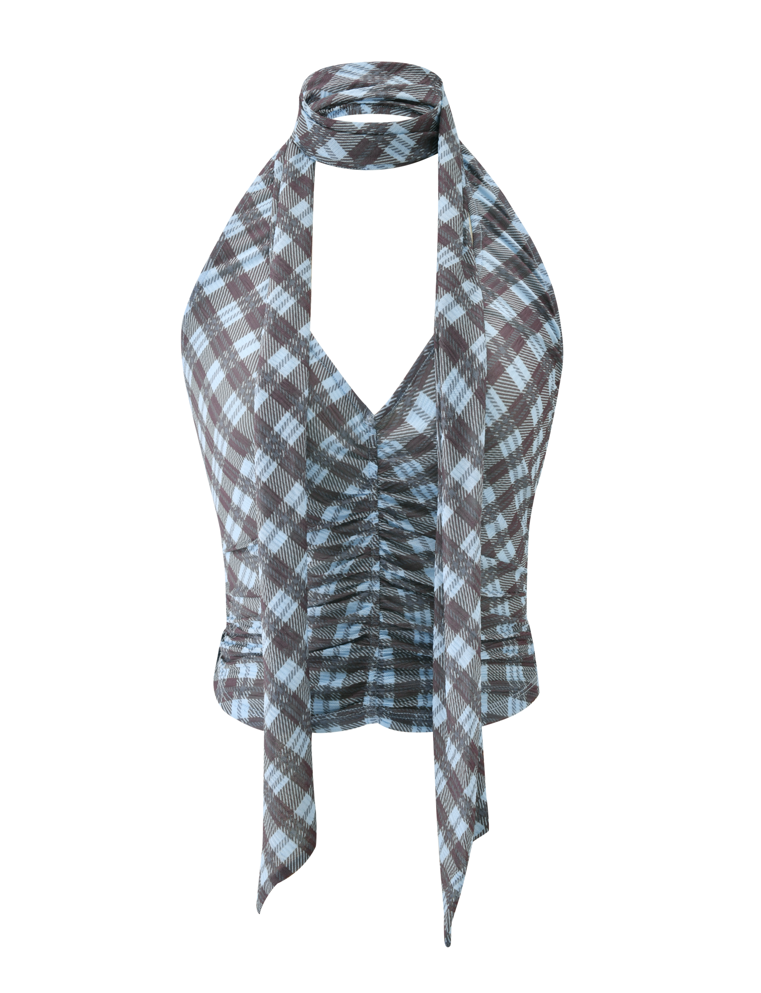 The TIGERMIST NOBLE TOP - BLUE CHECK is a sleeveless halter neck top with a ruched front, blue check pattern, and an attached matching scarf that wraps elegantly around the neck.