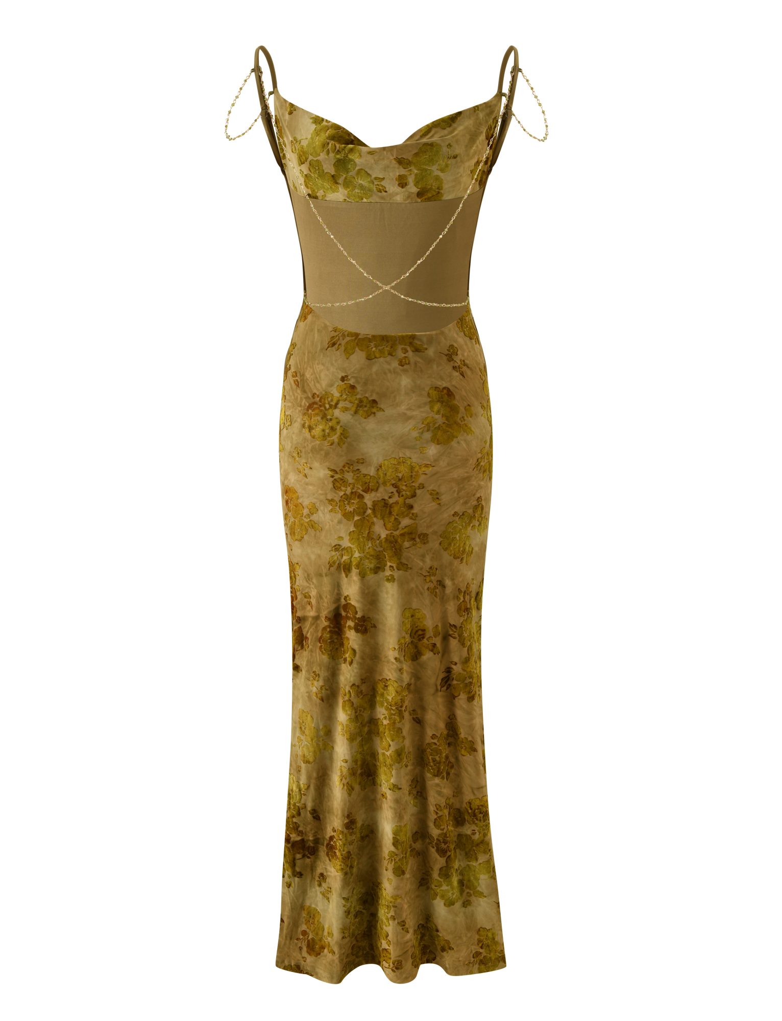 The TIGERMIST SPARROW MAXI DRESS - GREEN BURNOUT is a vintage-inspired green floral dress featuring olive and yellow tones, a fitted bodice with mesh midsection, thin beaded straps, and a flowy skirt blending elegance with charm.