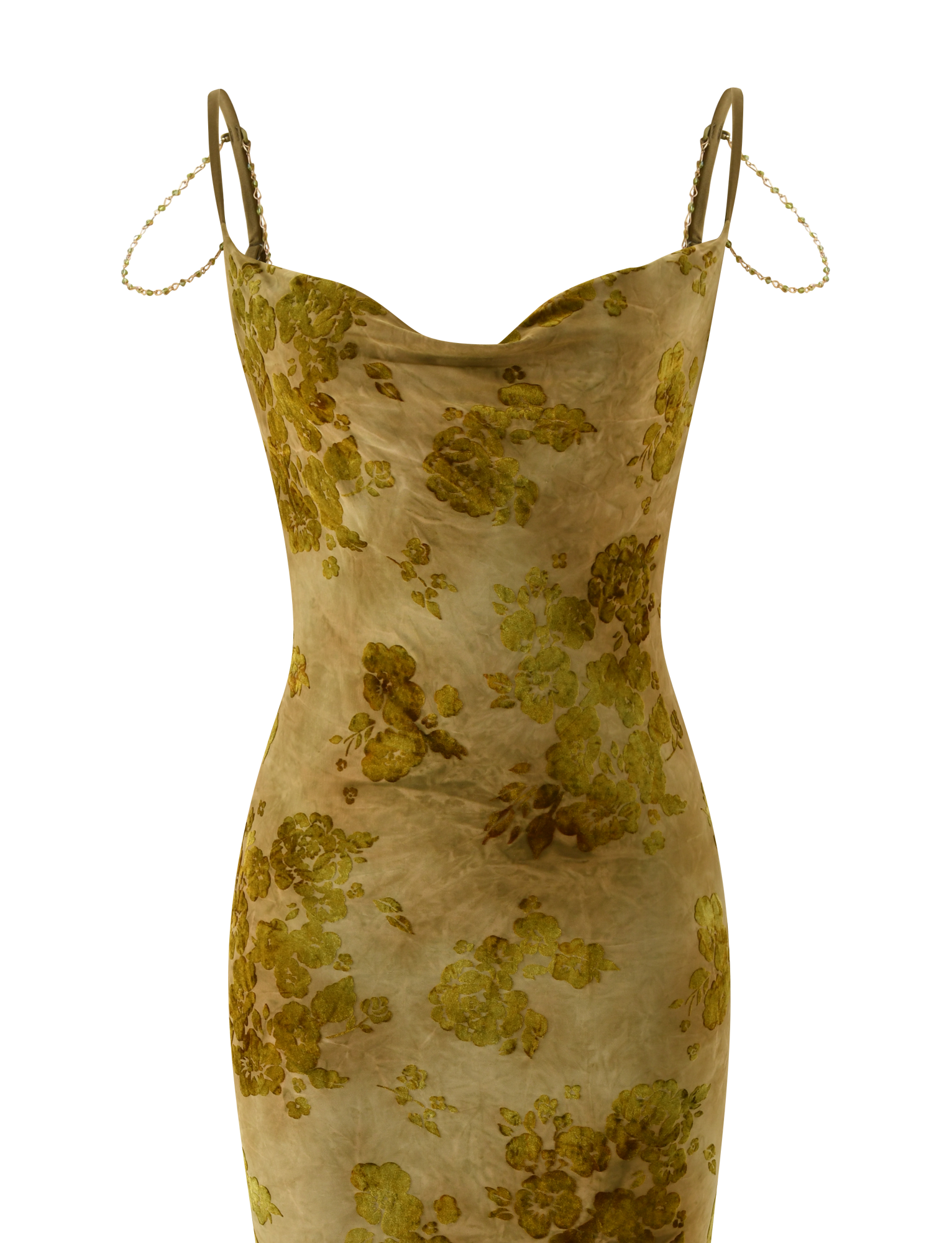 The SPARROW MAXI DRESS - GREEN BURNOUT by TIGERMIST features a sleeveless, fitted silhouette with a cowl neckline, beaded thin straps, and bold yellow-green florals on beige—perfect for any occasion.