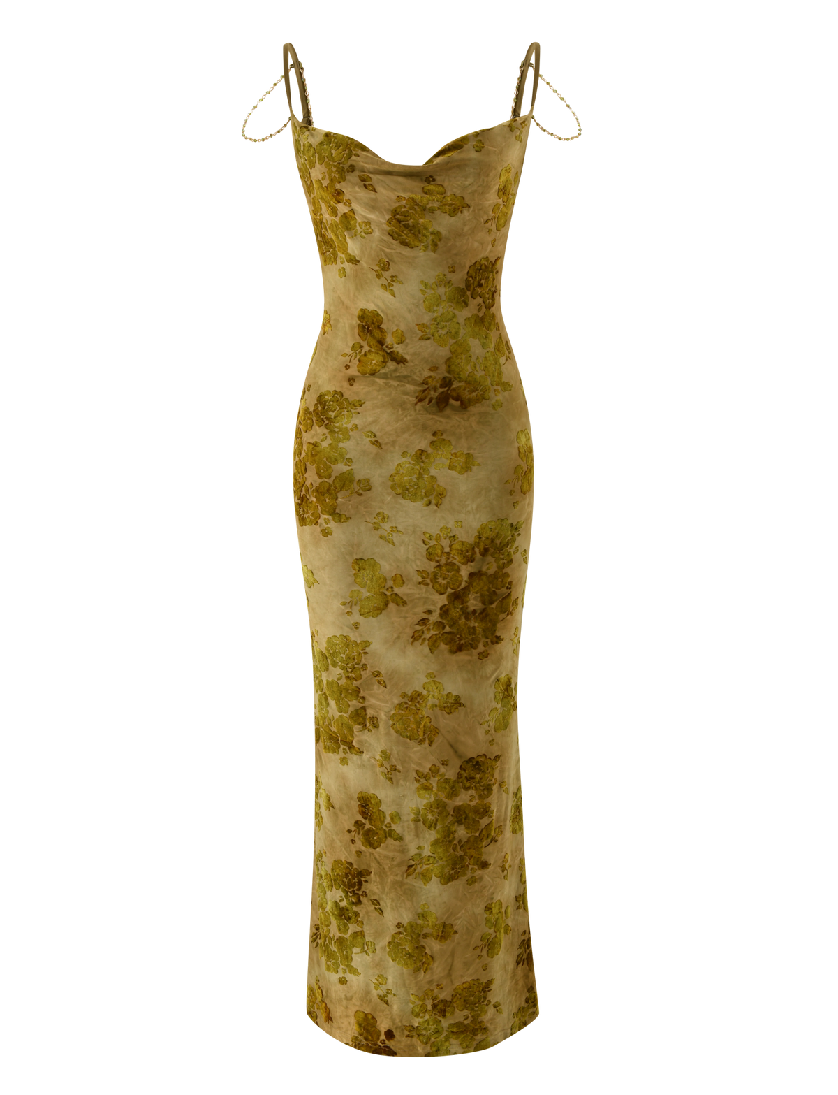 The TIGERMIST SPARROW MAXI DRESS - GREEN BURNOUT is a fitted, floor-length dress with thin spaghetti straps and a yellow-green floral pattern on beige, shown on a plain white surface.