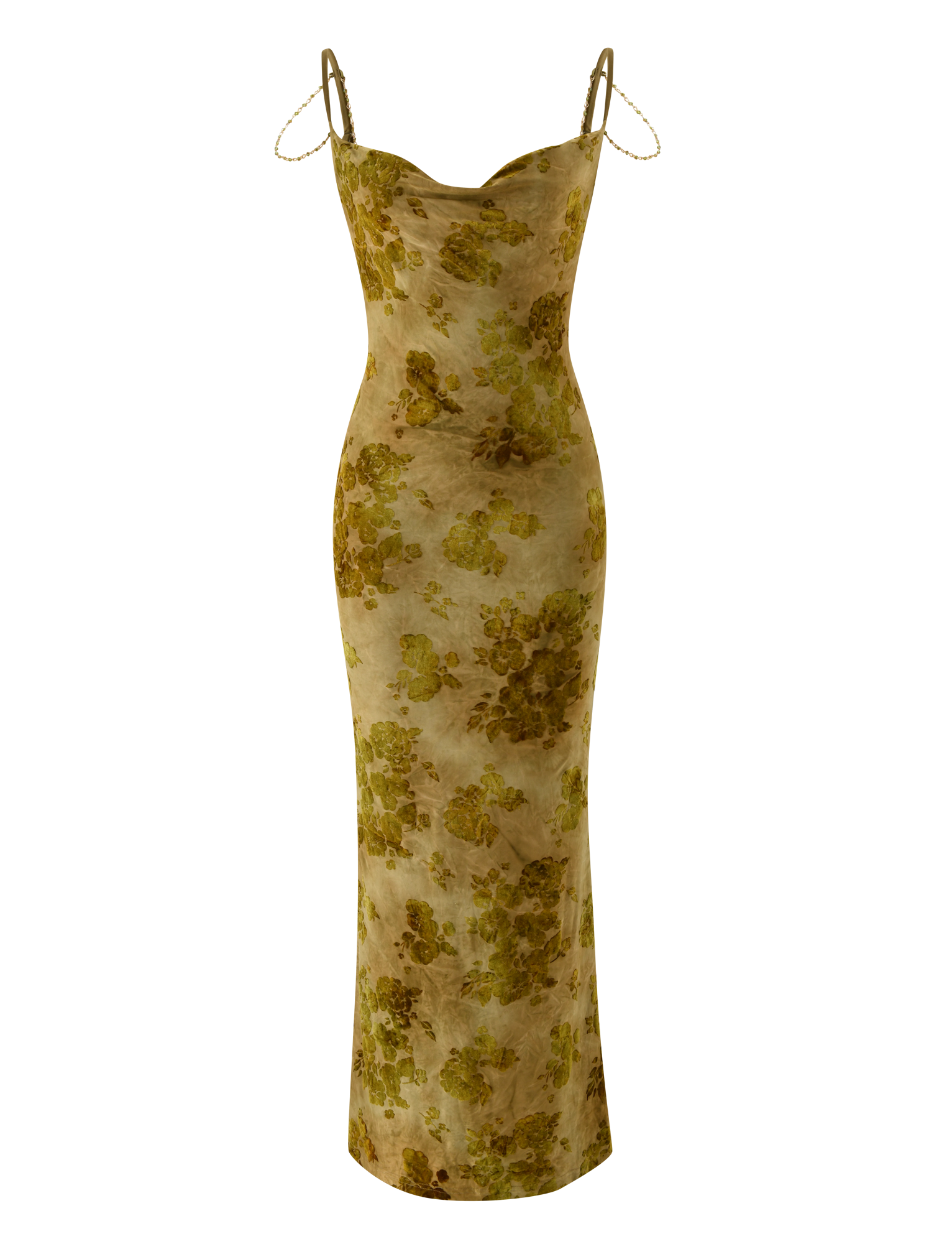 The TIGERMIST SPARROW MAXI DRESS - GREEN BURNOUT is a fitted, floor-length dress with thin spaghetti straps and a yellow-green floral pattern on beige, shown on a plain white surface.