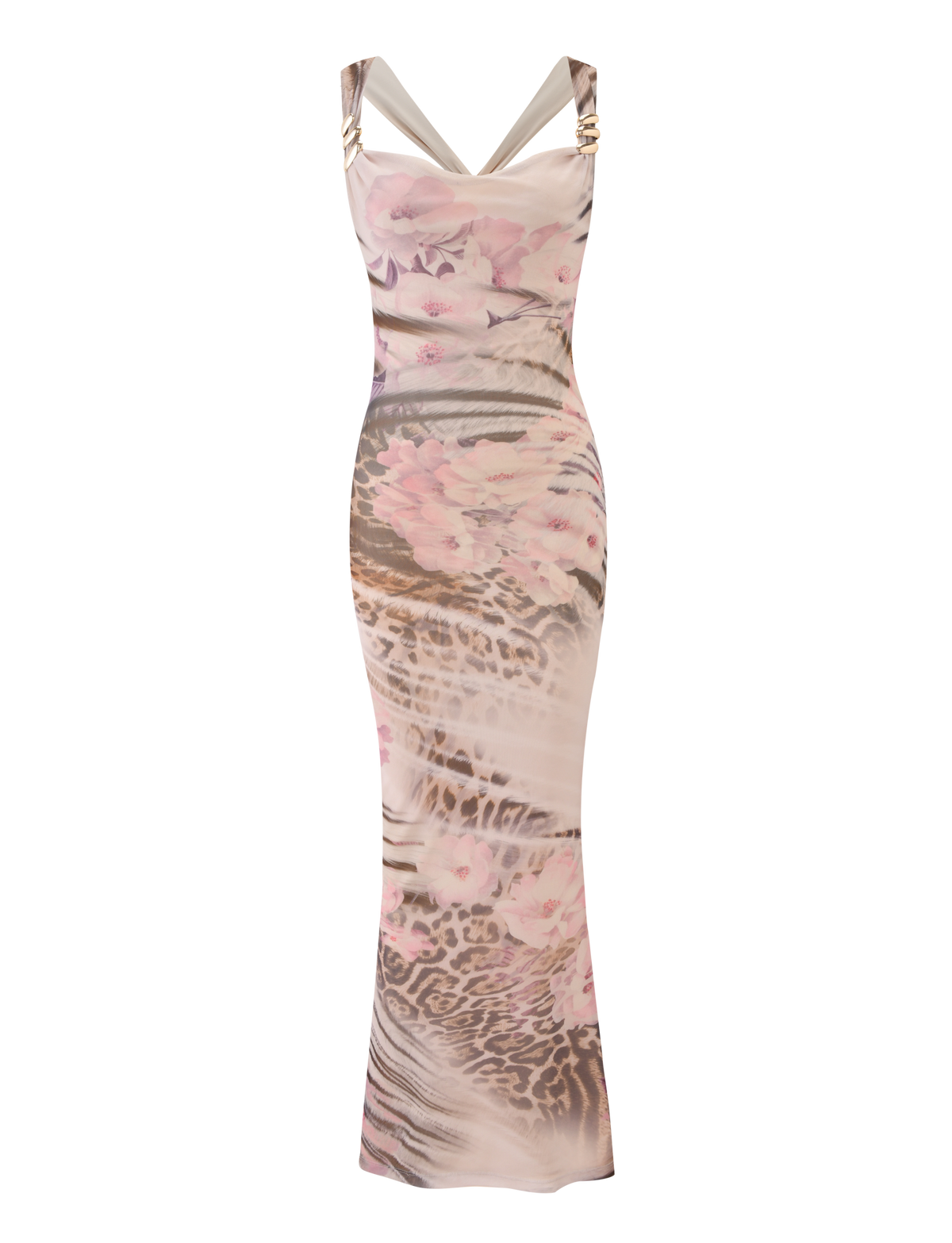 The TAMARIN MAXI DRESS - MOODY ANIMAL FLORAL by TIGERMIST is a sleeveless, floor-length maxi dress with wide straps, a fitted silhouette, and soft pink floral accents on a light animal print background.