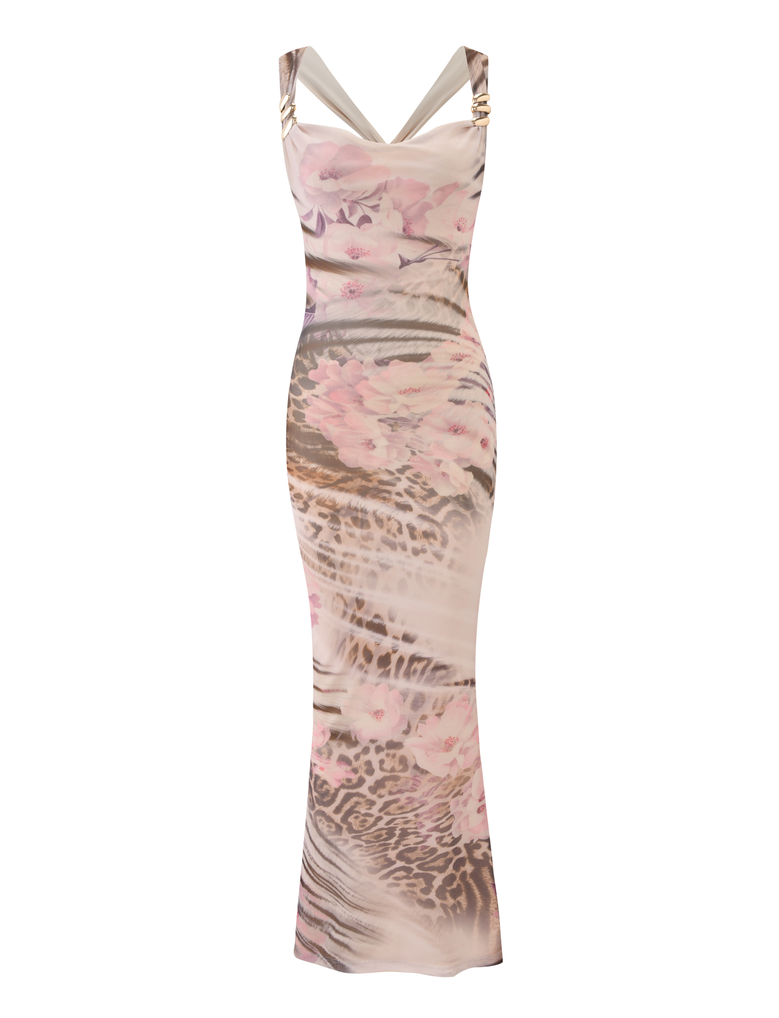 The TAMARIN MAXI DRESS - MOODY ANIMAL FLORAL by TIGERMIST is a sleeveless, floor-length maxi dress with wide straps, a fitted silhouette, and soft pink floral accents on a light animal print background.