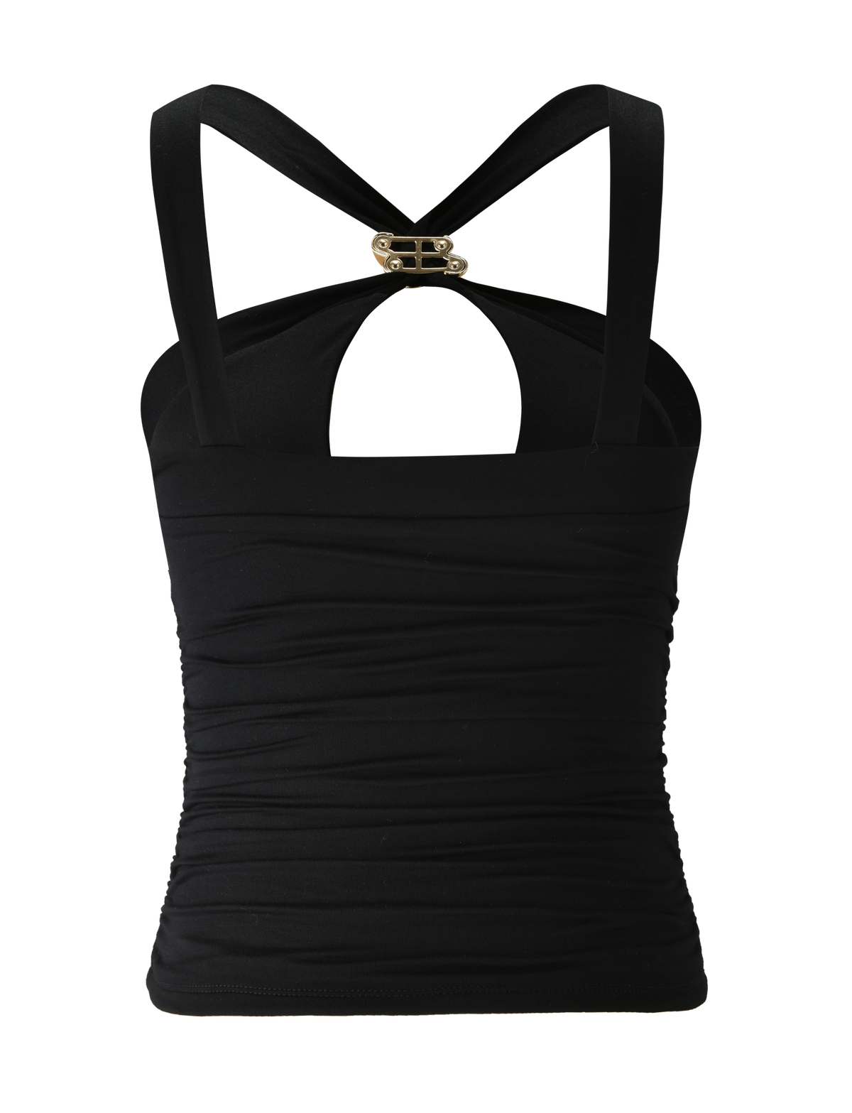 The FINCH TOP - BLACK by TIGERMIST features wide crisscross back straps, a gold buckle, teardrop cutout, and gently ruched fabric. This halter-style keyhole top is perfect for a chic night out.