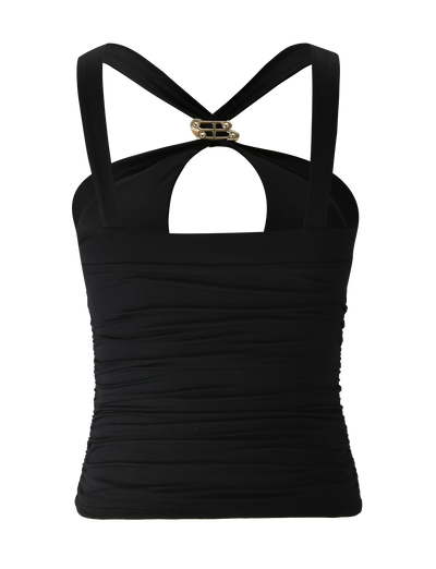The FINCH TOP - BLACK by TIGERMIST features wide crisscross back straps, a gold buckle, teardrop cutout, and gently ruched fabric. This halter-style keyhole top is perfect for a chic night out.