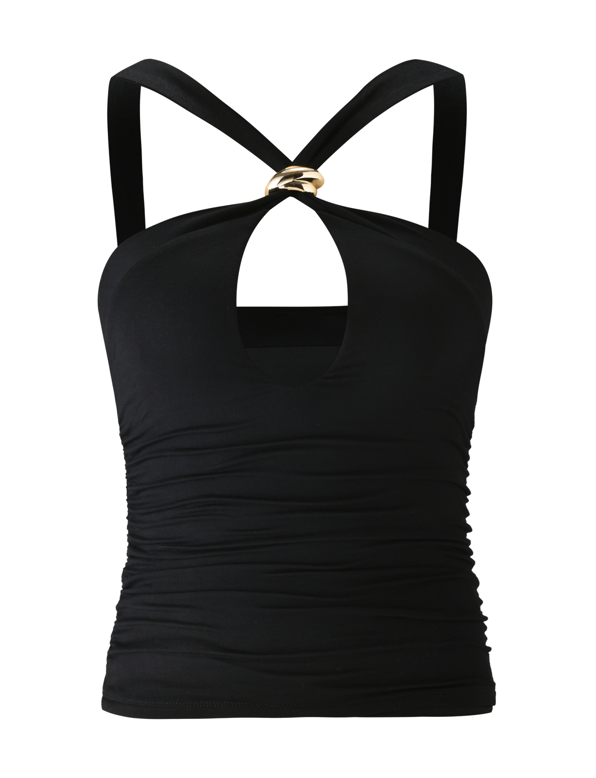 The TIGERMIST FINCH TOP - BLACK is a stylish going-out top featuring a sleek keyhole front, ruched sides, thick cross-back straps, and a gold ring neckline accent for a chic halter-inspired look.
