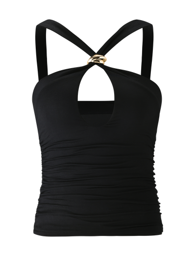 The TIGERMIST FINCH TOP - BLACK is a stylish going-out top featuring a sleek keyhole front, ruched sides, thick cross-back straps, and a gold ring neckline accent for a chic halter-inspired look.