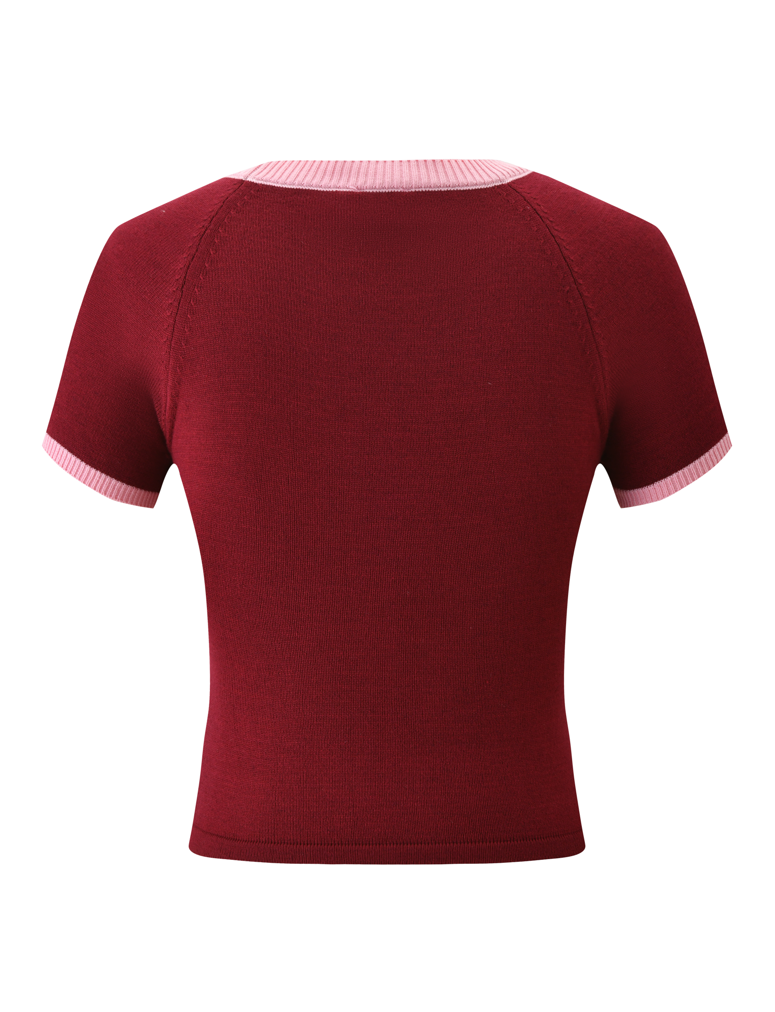 The TIGERMIST ROUX TOP - RED is a fitted, short-sleeved knit top in deep red with light pink collar and sleeve cuff accents, displayed from the back against a plain white background.