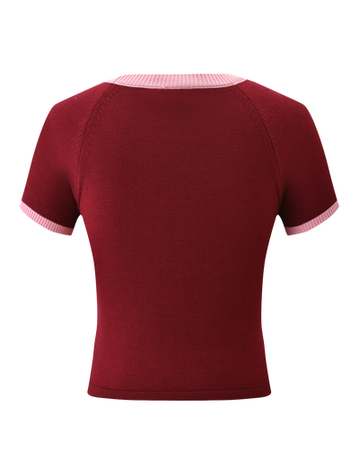 The TIGERMIST ROUX TOP - RED is a fitted, short-sleeved knit top in deep red with light pink collar and sleeve cuff accents, displayed from the back against a plain white background.