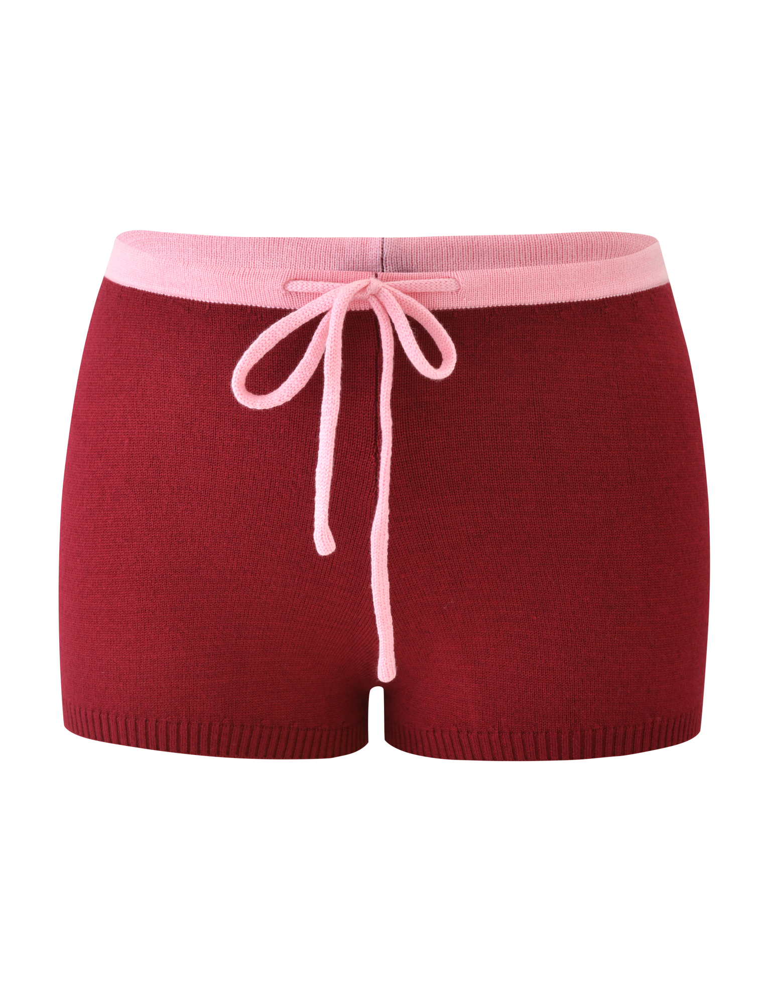The ROUX SHORT - RED by TIGERMIST features a red knit design with a light pink waistband and matching drawstring, shown against a plain white background.