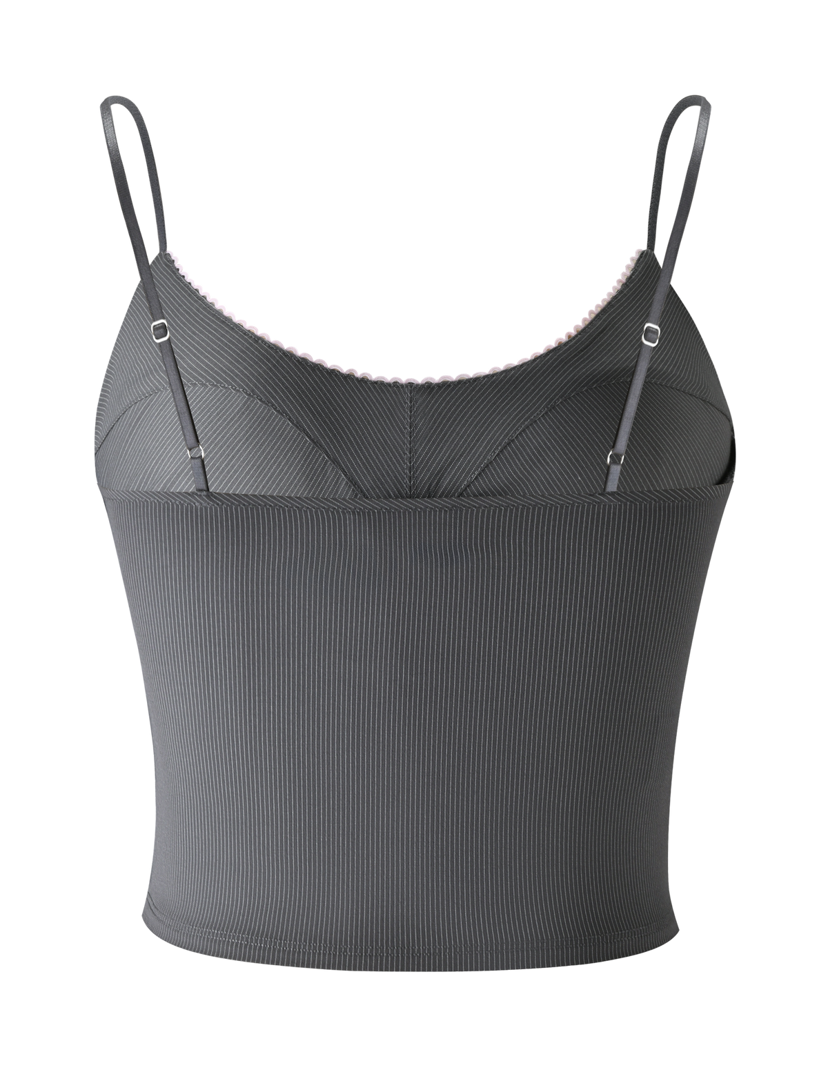 The EMORY TOP - GREY PINSTRIPE by TIGERMIST features ribbed fabric, adjustable straps, and a scalloped scoop neckline, shown against a plain white background.