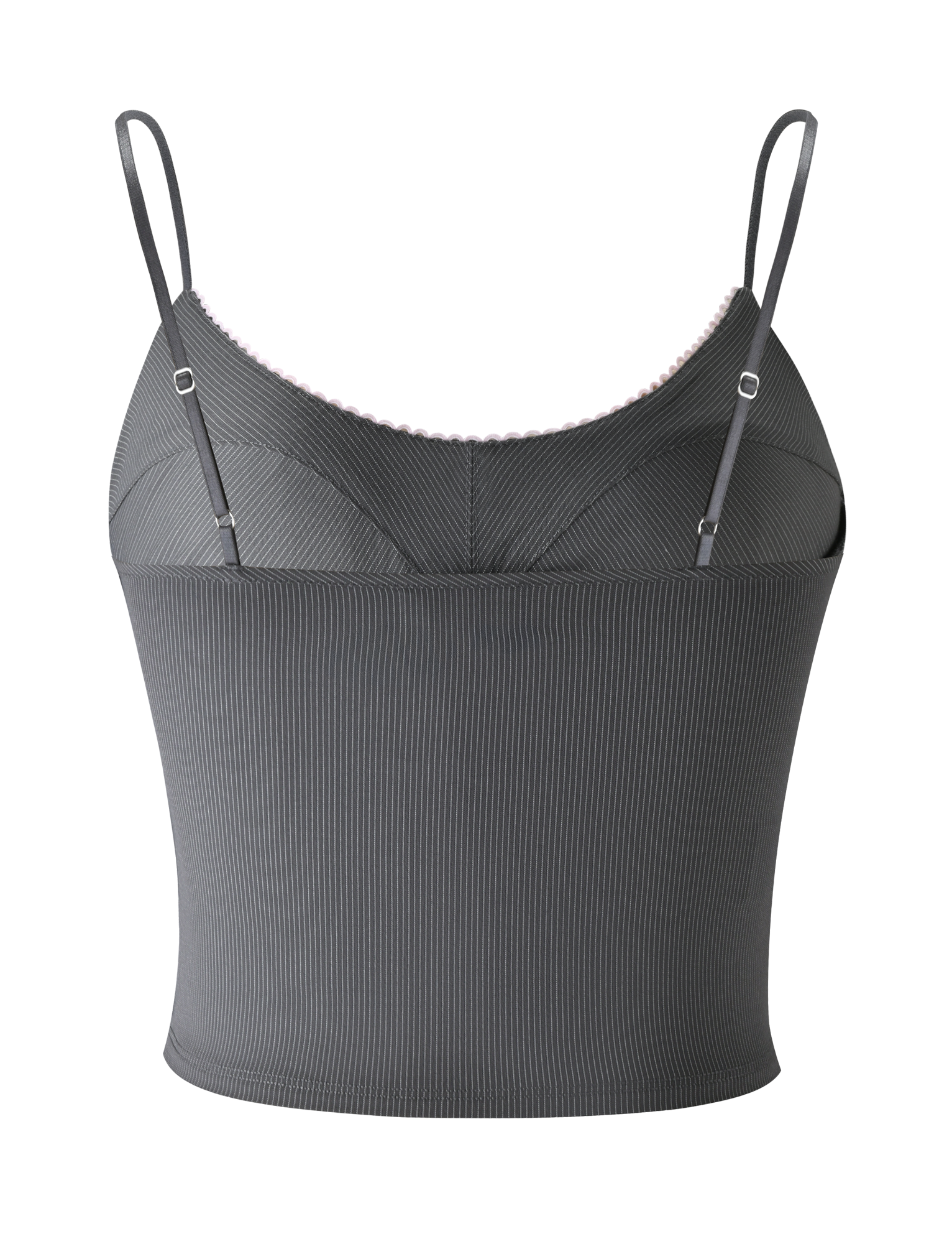 The EMORY TOP - GREY PINSTRIPE by TIGERMIST features ribbed fabric, adjustable straps, and a scalloped scoop neckline, shown against a plain white background.