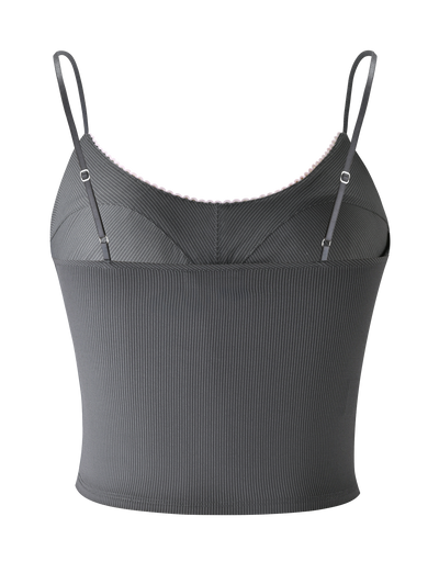 The EMORY TOP - GREY PINSTRIPE by TIGERMIST features ribbed fabric, adjustable straps, and a scalloped scoop neckline, shown against a plain white background.