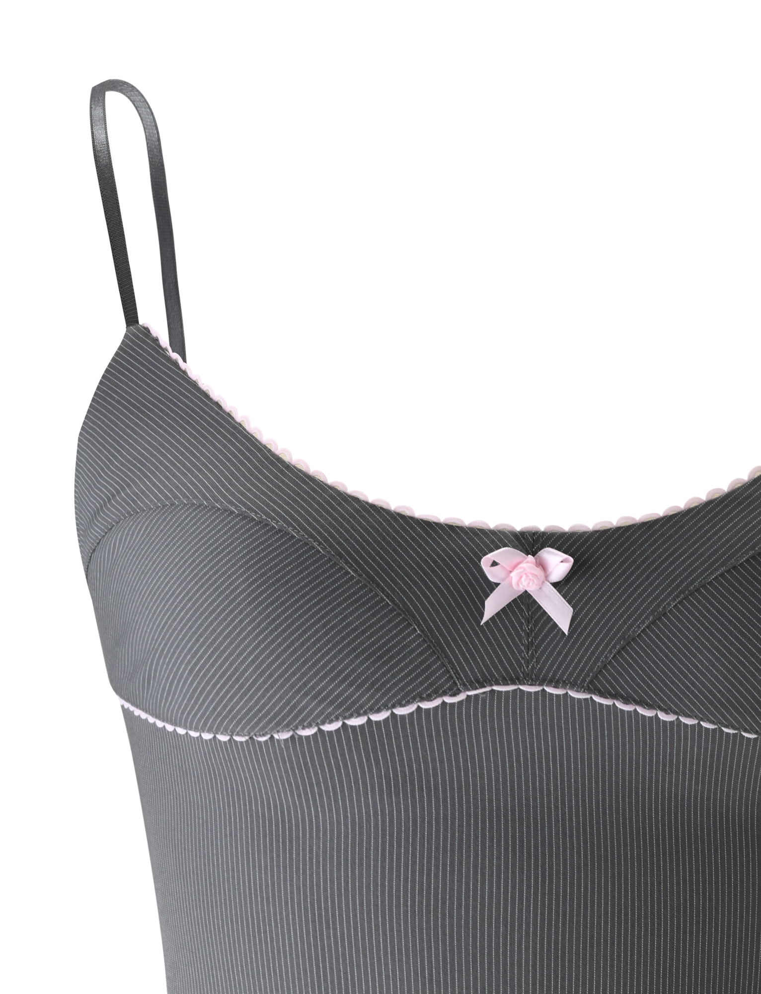 The TIGERMIST EMORY TOP in grey pinstripe features adjustable thin straps, a pink scalloped trim on the scoop neckline, and a small pink bow with rose detail at the center front.