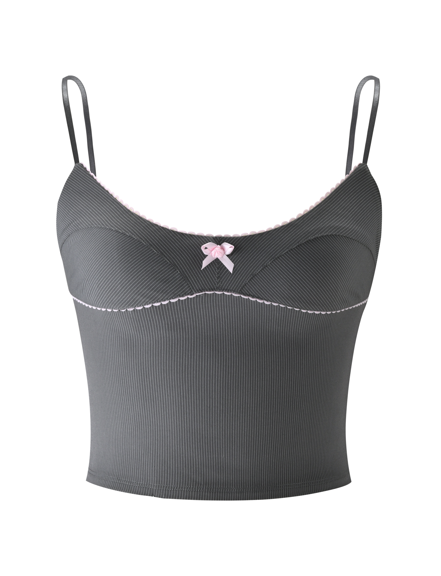 The EMORY TOP - GREY PINSTRIPE by TIGERMIST is a fitted, slightly cropped camisole with thin adjustable straps, a scoop neckline, pink scalloped trim and bow details, all in a stylish gray pinstripe.