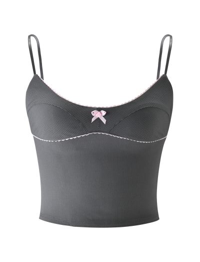 The EMORY TOP - GREY PINSTRIPE by TIGERMIST is a fitted, slightly cropped camisole with thin adjustable straps, a scoop neckline, pink scalloped trim and bow details, all in a stylish gray pinstripe.