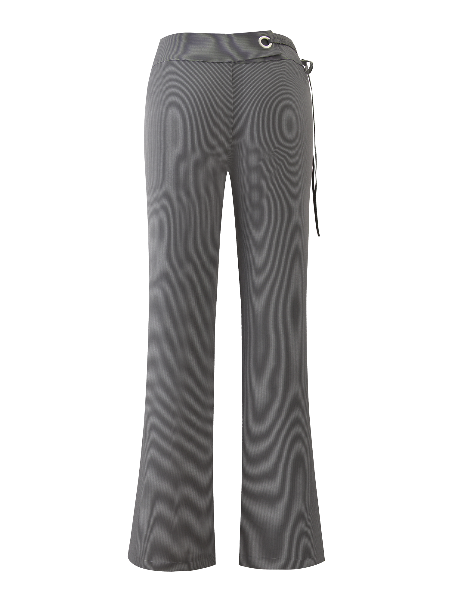 The EMORY PANT - GREY PINSTRIPE by TIGERMIST features a high-waisted, flared silhouette with a fitted waist and grommet-tie detail on the right side, shown from the back.