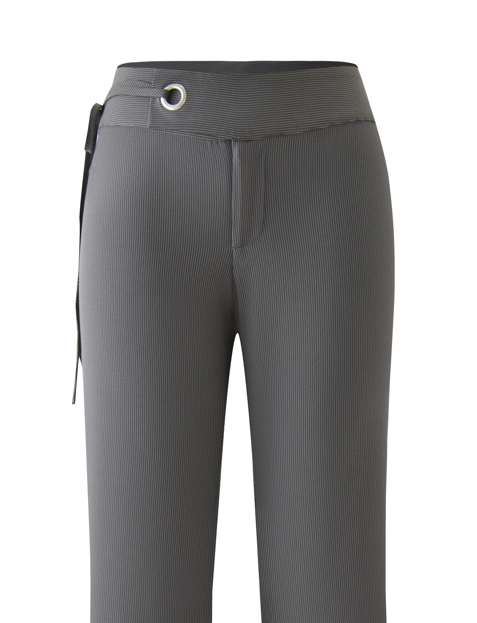 The EMORY PANT by TIGERMIST features grey pinstripes, a wide waistband with a silver grommet and fabric tie on the left, straight-leg cut, low-rise fit, and no visible pockets.