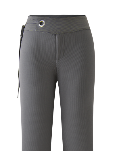The EMORY PANT by TIGERMIST features grey pinstripes, a wide waistband with a silver grommet and fabric tie on the left, straight-leg cut, low-rise fit, and no visible pockets.