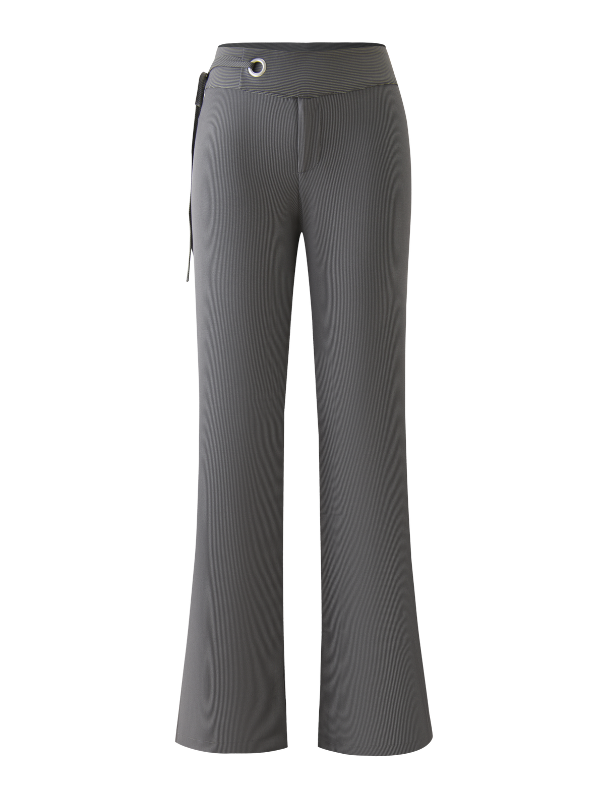 The TIGERMIST EMORY PANT in grey pinstripe features a high-waisted, flared fit with a wide belt-like waistband, metallic grommet, and side tie detail, shown against a white background.