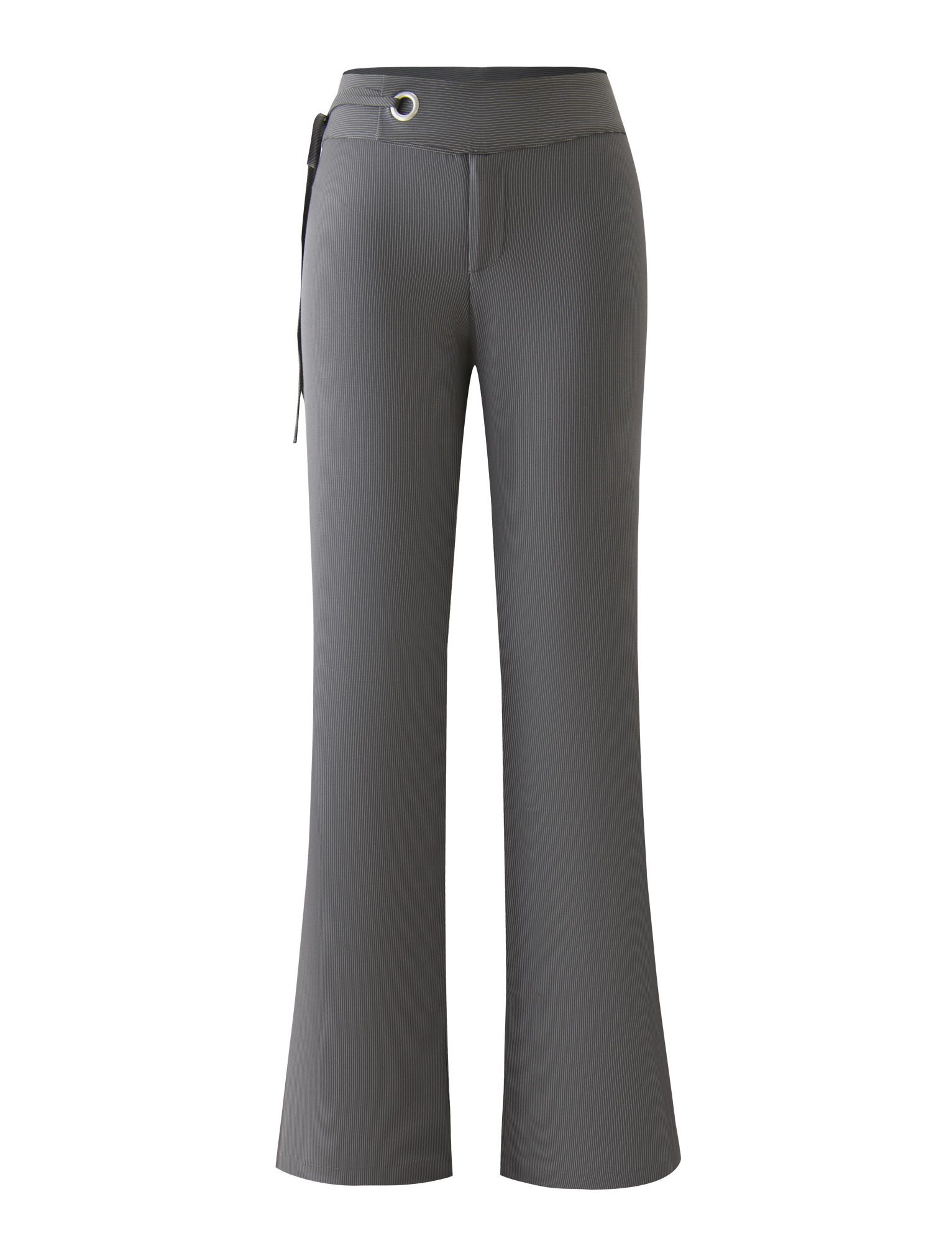 The TIGERMIST EMORY PANT in grey pinstripe features a high-waisted, flared fit with a wide belt-like waistband, metallic grommet, and side tie detail, shown against a white background.