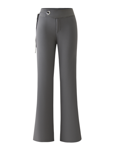 The TIGERMIST EMORY PANT in grey pinstripe features a high-waisted, flared fit with a wide belt-like waistband, metallic grommet, and side tie detail, shown against a white background.