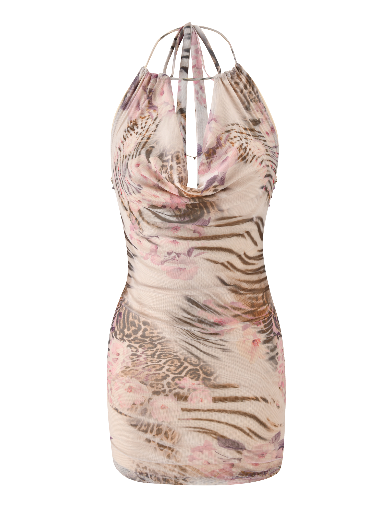 The SHANE MINI DRESS - MOODY ANIMAL FLORAL by TIGERMIST features a sleeveless halter neck, cowl neckline, pink animal floral print, fitted silhouette, open back with thin straps for an effortlessly chic vibe.