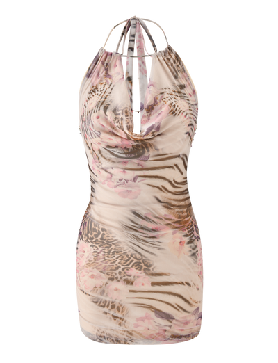 The SHANE MINI DRESS - MOODY ANIMAL FLORAL by TIGERMIST features a sleeveless halter neck, cowl neckline, pink animal floral print, fitted silhouette, open back with thin straps for an effortlessly chic vibe.