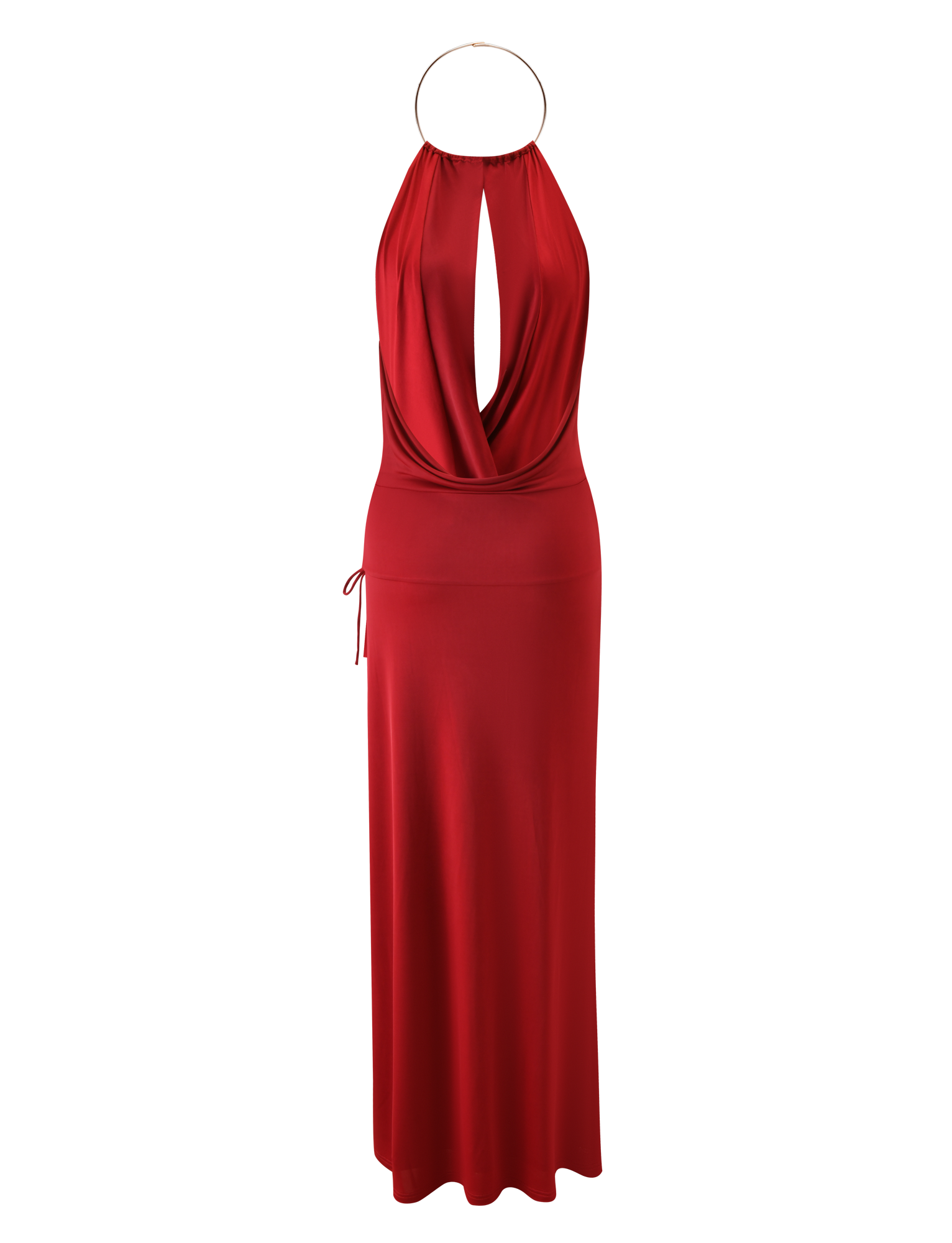 The TARRIN MAXI DRESS - RED by TIGERMIST is a sleeveless, floor-length dress with a draped cowl neckline, halter neck with gold choker hardware, keyhole cutout, fitted hips, flowing silhouette, and a bold thigh-high slit.