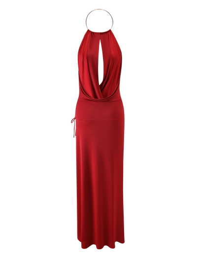 The TARRIN MAXI DRESS - RED by TIGERMIST is a sleeveless, floor-length dress with a draped cowl neckline, halter neck with gold choker hardware, keyhole cutout, fitted hips, flowing silhouette, and a bold thigh-high slit.