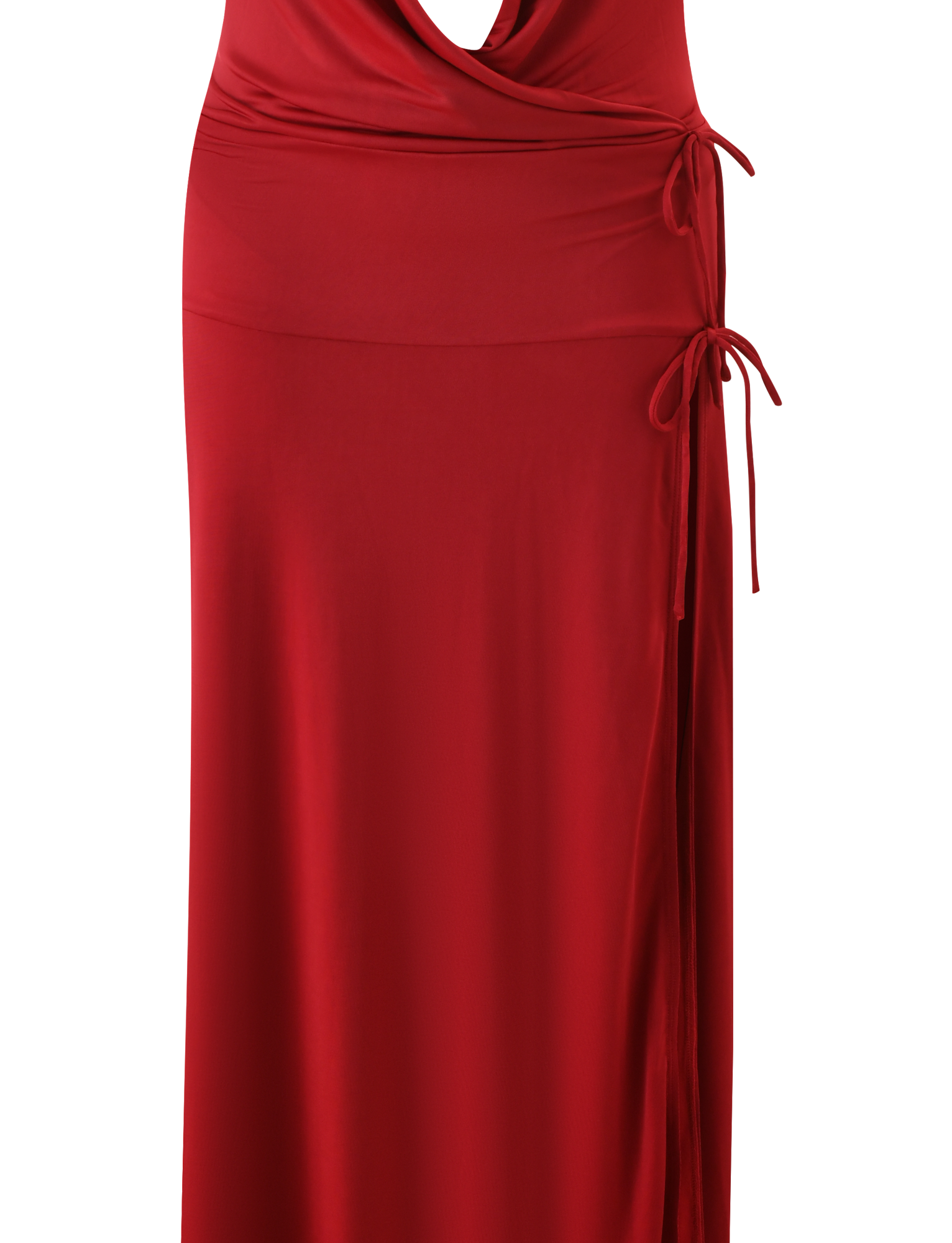 The TIGERMIST TARRIN MAXI DRESS - RED is a sleeveless maxi dress featuring a draped cowl neckline, side waist ties, and a thigh-high slit, shown against a white background.