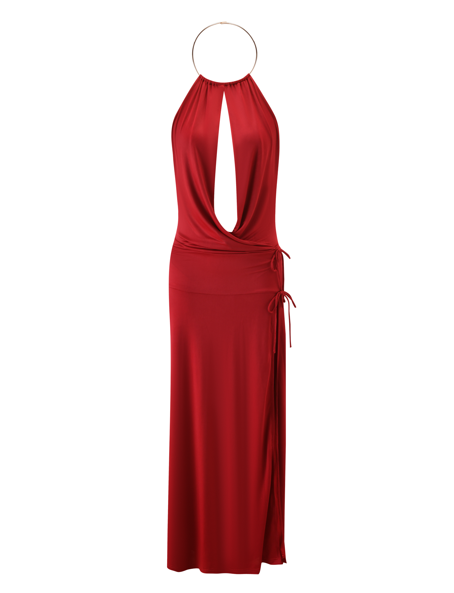 The TIGERMIST TARRIN MAXI DRESS - RED is a sleeveless, floor-length halter dress with a gold choker ring, deep front keyhole cutout, wrap waist with side ties, and a thigh-high slit for bold style.