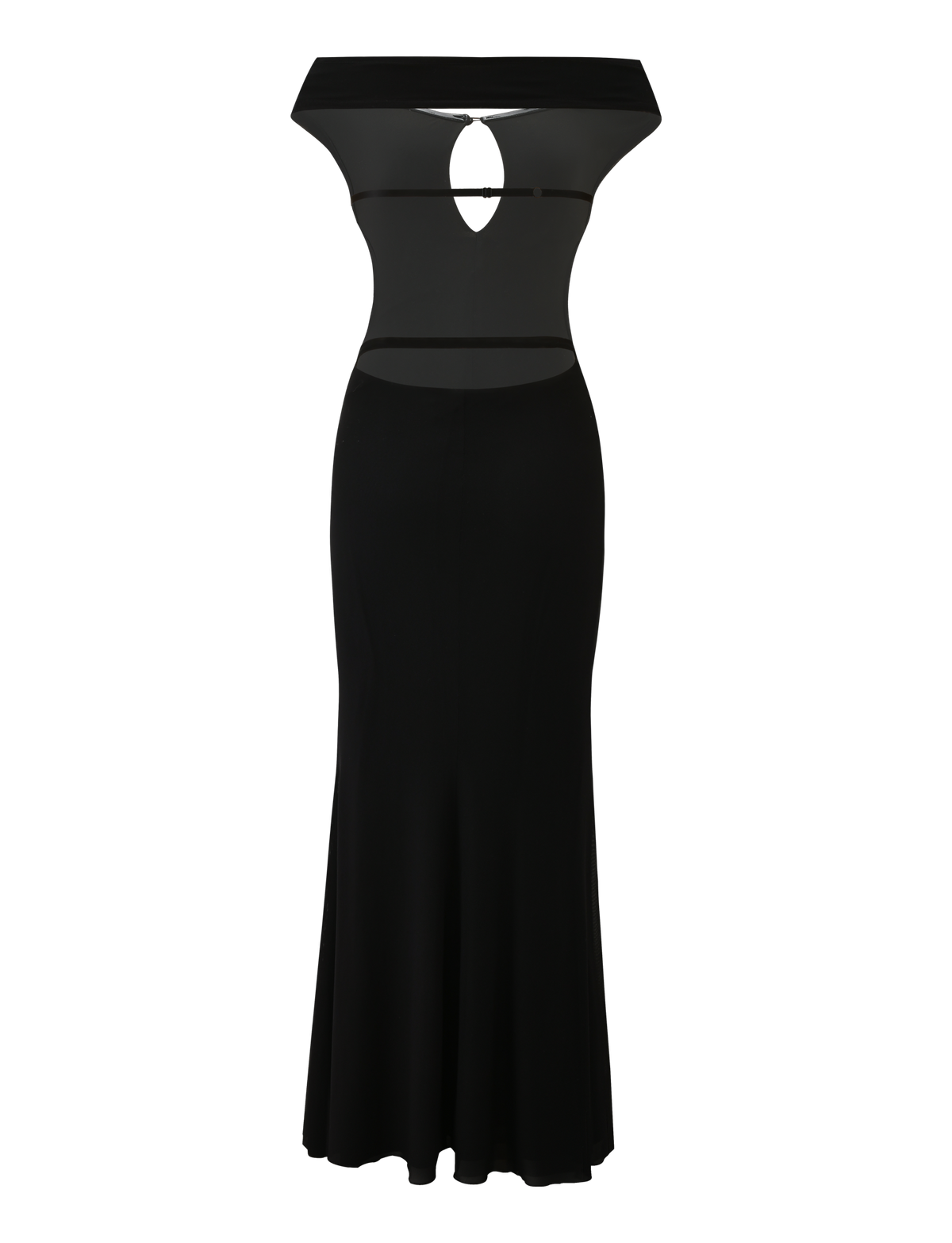The KERRIGAN MAXI DRESS - BLACK by TIGERMIST is a long, off-shoulder dress with a fitted bodice, keyhole cutout, sheer panels at the midsection, and a flared hem.