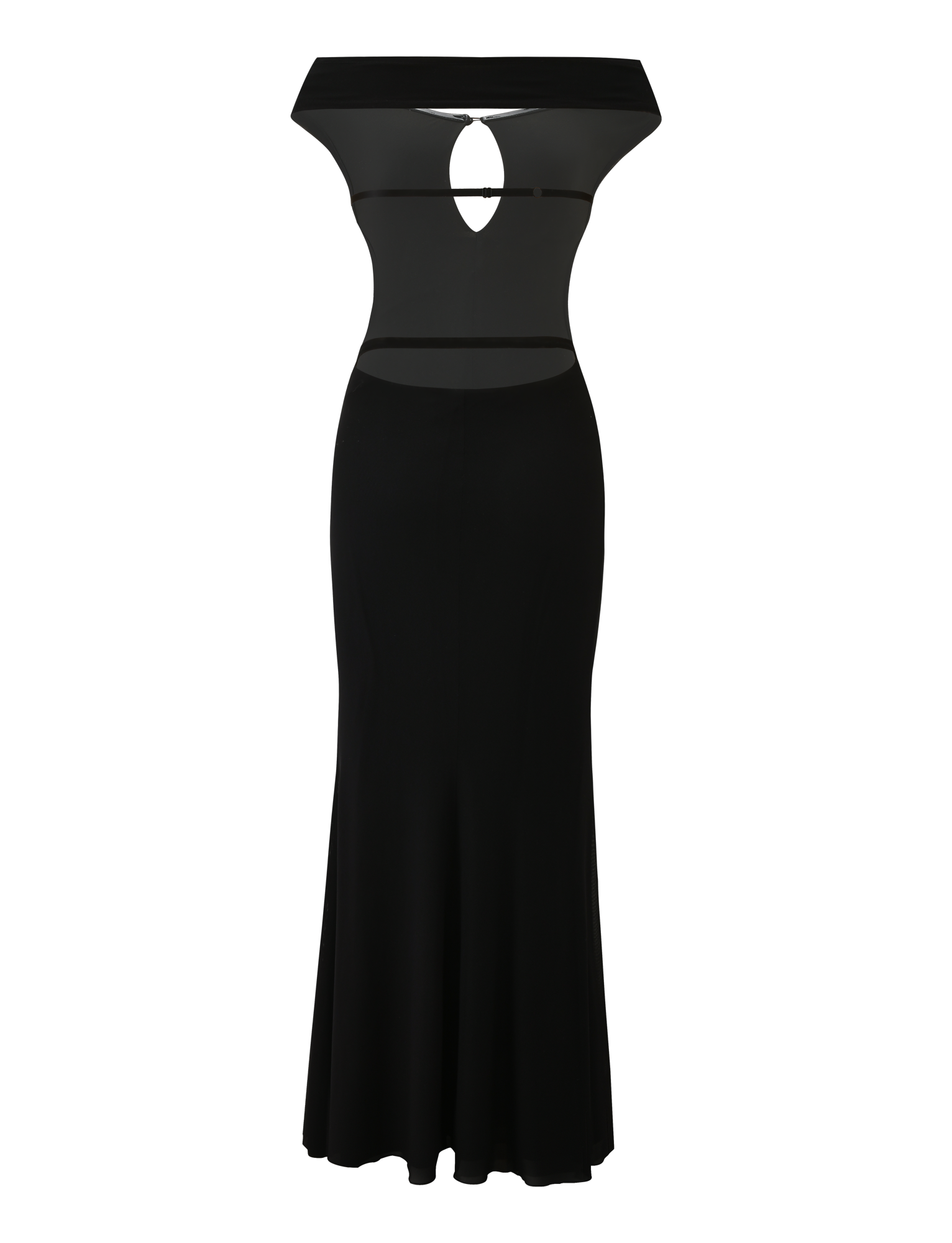 The KERRIGAN MAXI DRESS - BLACK by TIGERMIST is a long, off-shoulder dress with a fitted bodice, keyhole cutout, sheer panels at the midsection, and a flared hem.