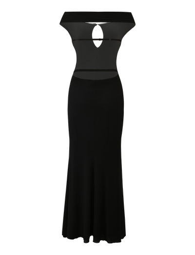 The KERRIGAN MAXI DRESS - BLACK by TIGERMIST is a long, off-shoulder dress with a fitted bodice, keyhole cutout, sheer panels at the midsection, and a flared hem.