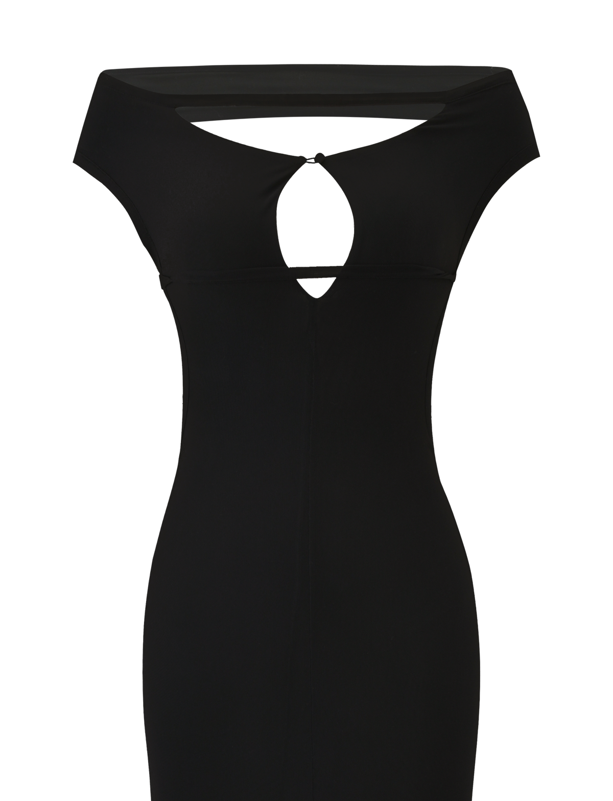 The KERRIGAN MAXI DRESS by TIGERMIST features an off-shoulder black design with a fitted silhouette, front keyhole cutout, and smooth fabric for an elegant, timeless look.