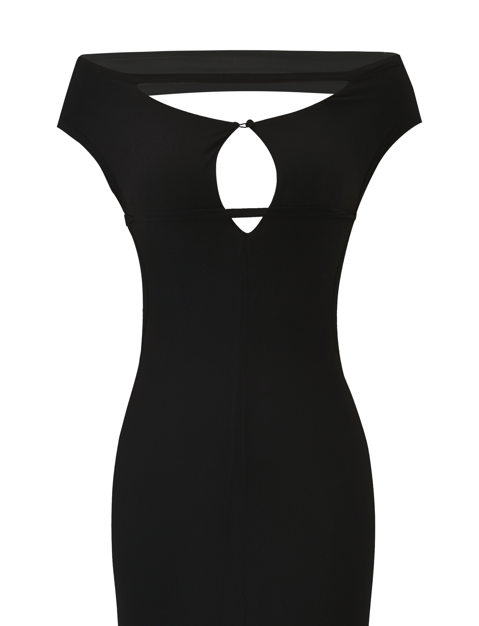 The KERRIGAN MAXI DRESS by TIGERMIST features an off-shoulder black design with a fitted silhouette, front keyhole cutout, and smooth fabric for an elegant, timeless look.