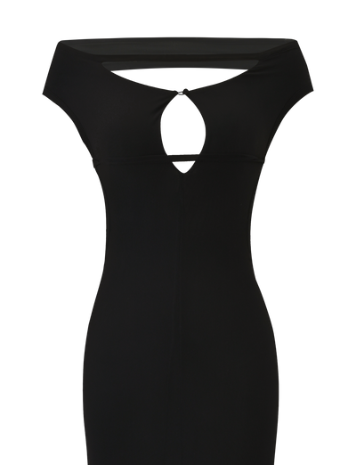 The KERRIGAN MAXI DRESS by TIGERMIST features an off-shoulder black design with a fitted silhouette, front keyhole cutout, and smooth fabric for an elegant, timeless look.