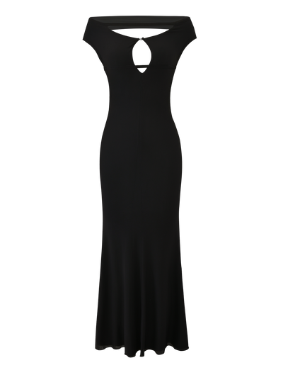 The KERRIGAN MAXI DRESS - BLACK by TIGERMIST is a long off-shoulder dress with a fitted bodice, chest keyhole cutout, and subtly flared hem—perfect for an elegant evening look.