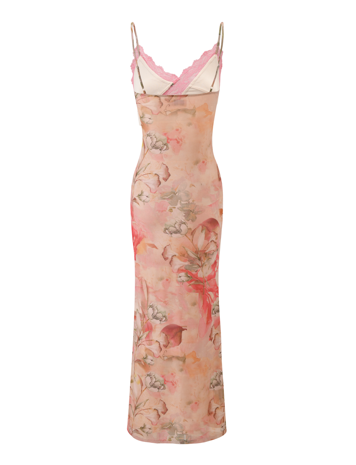 The LYRE MAXI DRESS - WATERCOLOUR FLORAL by TIGERMIST is a sleeveless, floor-length pink floral maxi with adjustable straps, light pink lace trim at the neckline, and a fitted mermaid silhouette for elegant style.