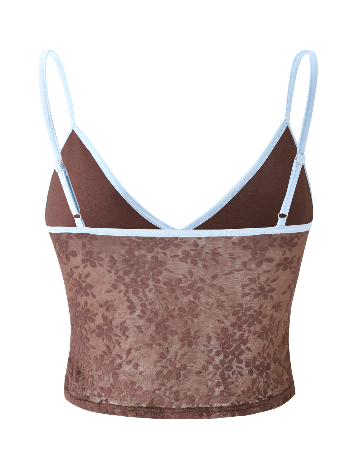 The TIGERMIST AUBURN TOP - CHOCOLATE is a brown cami crop top with light blue adjustable straps and trim, featuring a floral sheer lace lower half and a solid upper section.