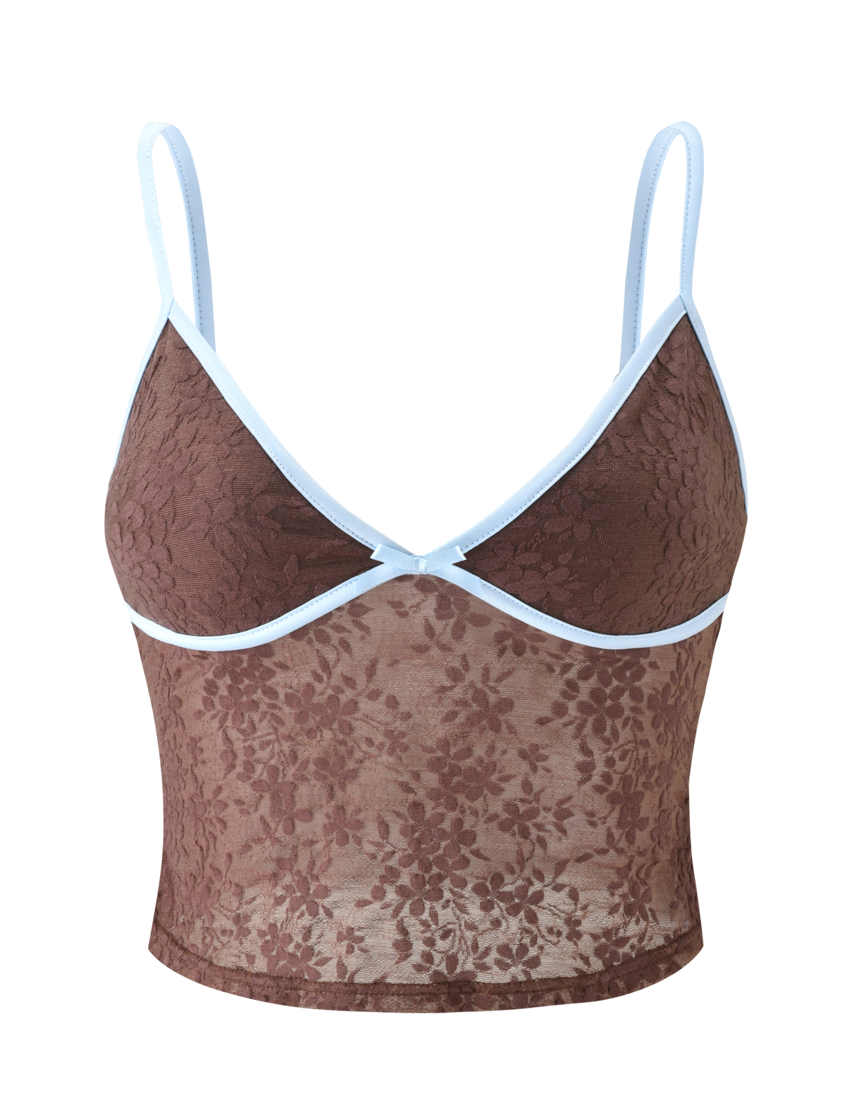The TIGERMIST AUBURN TOP - CHOCOLATE is a brown floral lace cami crop top with light blue adjustable straps and trim, made from semi-sheer lingerie fabric, shown against a plain white background.