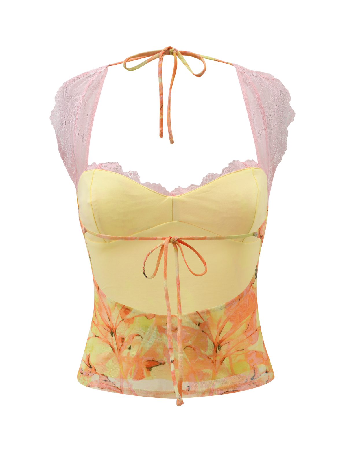 The DUNE MESH TOP - CREAMSICLE by TIGERMIST is a sleeveless, pastel yellow and orange floral lace top with pink lace-trimmed straps, sweetheart neckline, tie details at waist and neck, and semi-sheer fabric.