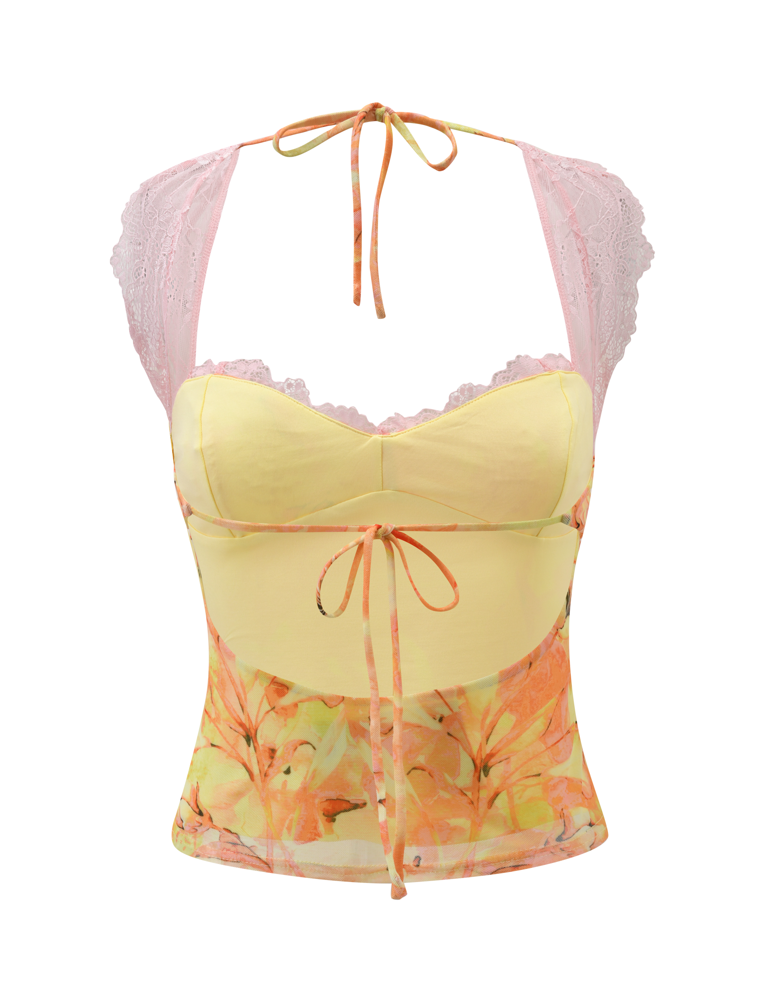 The DUNE MESH TOP - CREAMSICLE by TIGERMIST is a sleeveless, pastel yellow and orange floral lace top with pink lace-trimmed straps, sweetheart neckline, tie details at waist and neck, and semi-sheer fabric.